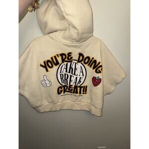 First Row Streetwear Cropped Fleece Hoodie Cream XL Take A Break Graphic Patch